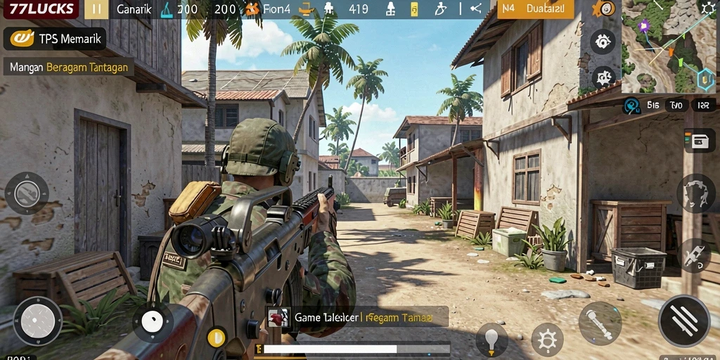 Tampilan gameplay seru dari 77LUCKS yang menampilkan aksi pertempuran.