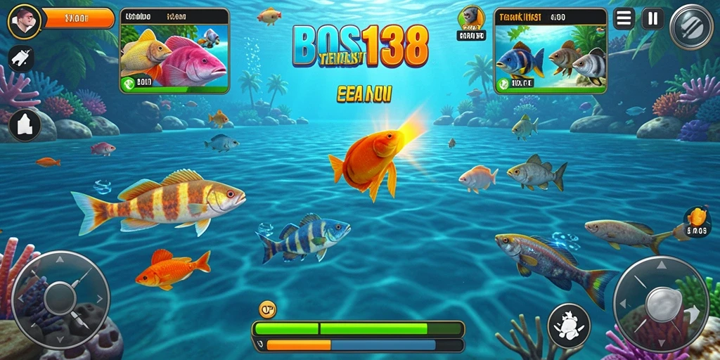 Tampilan gameplay menarik di <strong>BOS138</strong>, dengan ikan berwarna-warni dan efek tembakan yang memukau.