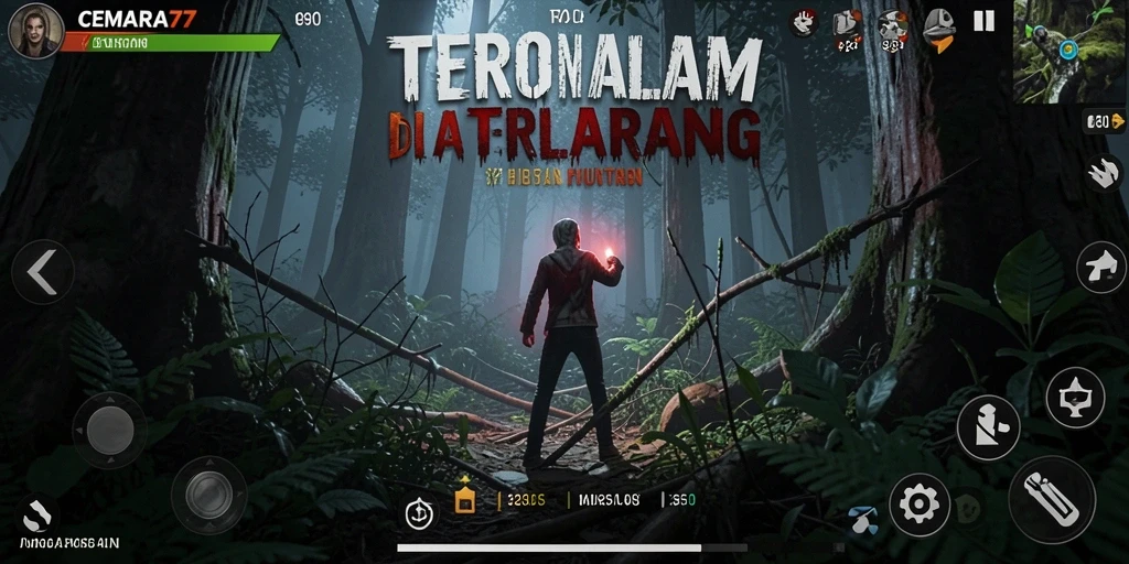Menampilkan gameplay CEMARA77 dalam suasana yang menyeramkan.