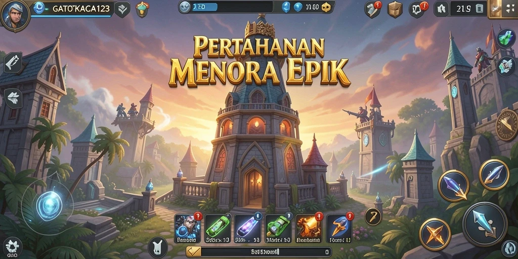 Tampilan menarik dari gameplay GATOTKACA123 dalam pertahanan menara.