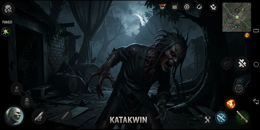 Gameplay KATAKWIN penuh ketegangan dan kegelapan.