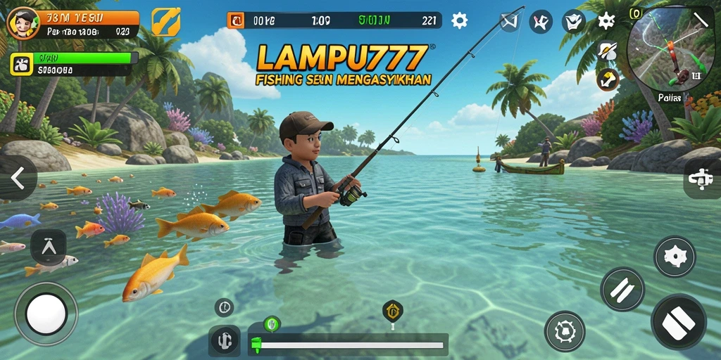 Tampilan gameplay LAMPU777 yang menampilkan memancing ikan di laut.