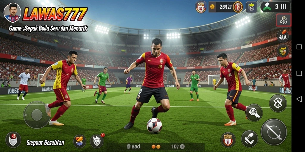 Screenshot gameplay LAWAS777 menampilkan aksi seru di lapangan sepak bola.