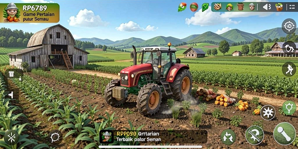 Tampilan screenshot utama menunjukkan pemain sedang bercocok tanam di ladang yang subur.