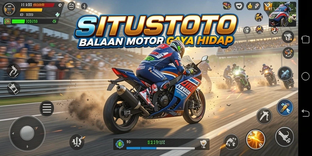 Screenshot gameplay <strong>SITUSTOTO</strong> menampilkan balapan motor seru di trek menantang.