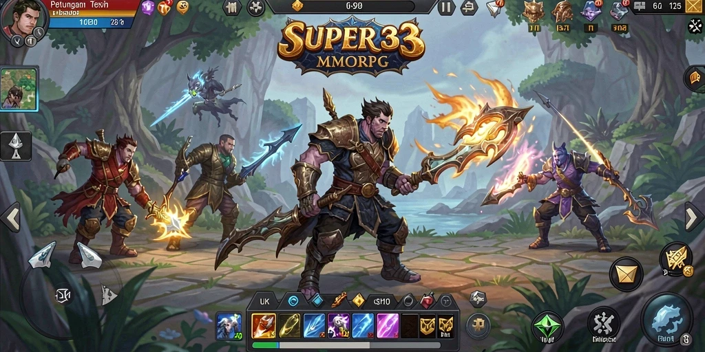 Screenshot gameplay SUPER33 menampilkan pertempuran epik dalam dunia MMORPG.